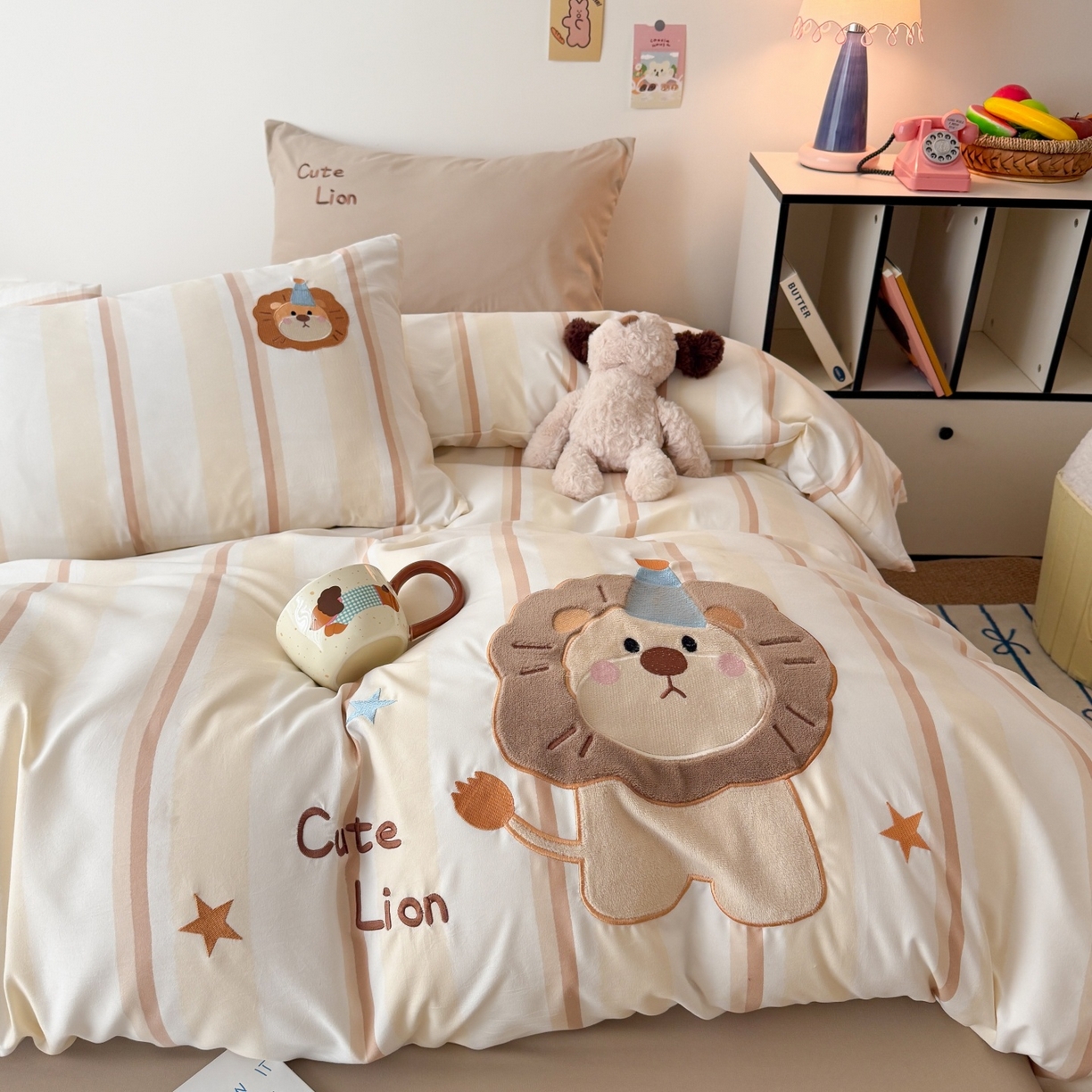 91家纺网 家纺一手货源 找家纺 吾欢心 2026春夏新款水洗棉床盖款四件套夏被四件套 小狮子