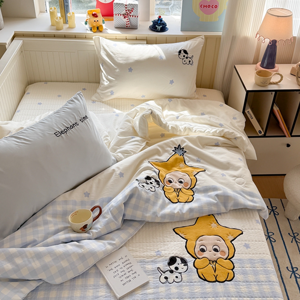 91家纺网 家纺一手货源 找家纺 吾欢心 2026春夏新款水洗棉床盖款四件套夏被四件套 星星宝贝