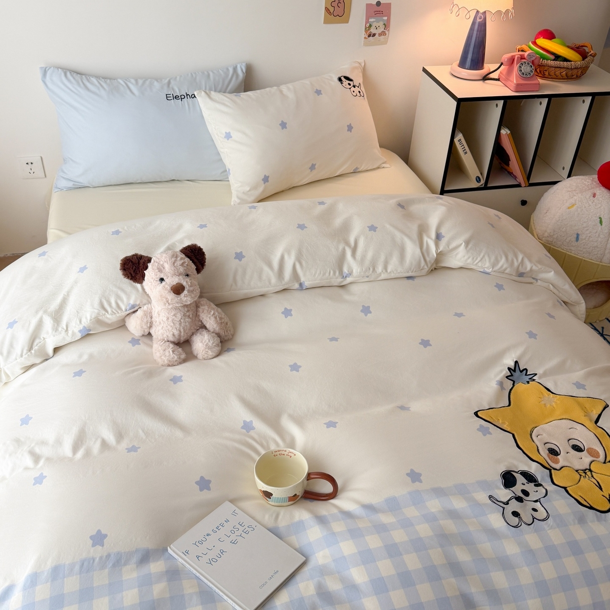 91家纺网 家纺一手货源 找家纺 吾欢心 2026春夏新款水洗棉床盖款四件套夏被四件套 星星宝贝