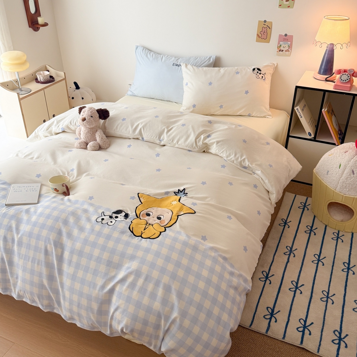 91家纺网 家纺一手货源 找家纺 吾欢心 2026春夏新款水洗棉床盖款四件套夏被四件套 星星宝贝