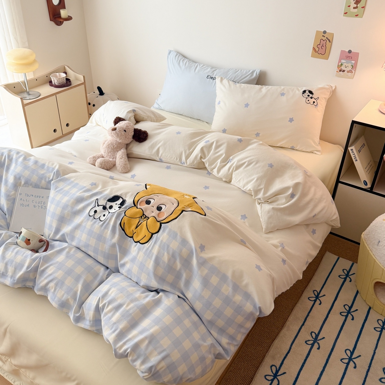 91家纺网 家纺一手货源 找家纺 吾欢心 2026春夏新款水洗棉床盖款四件套夏被四件套 星星宝贝