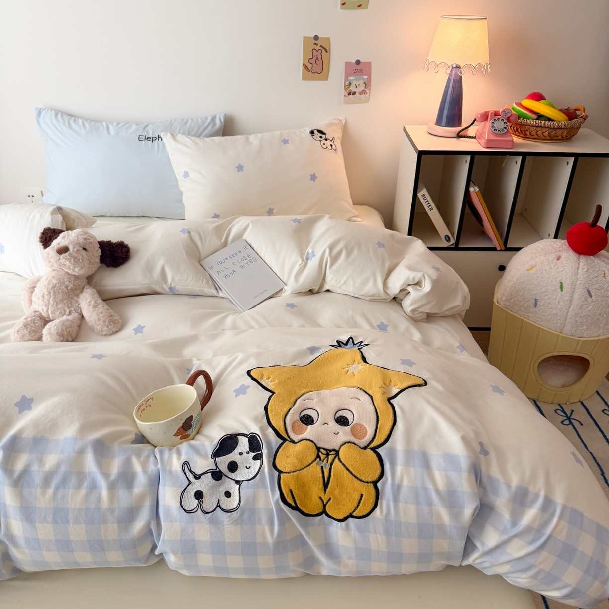 91家纺网 家纺一手货源 找家纺 吾欢心 2026春夏新款水洗棉床盖款四件套夏被四件套 星星宝贝