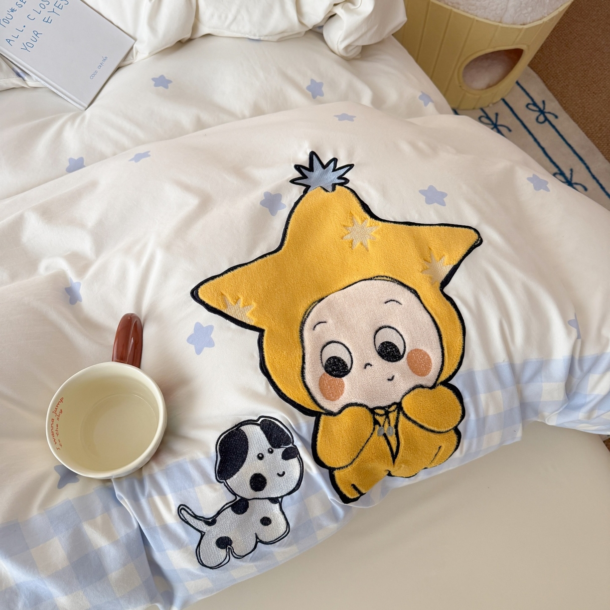 91家纺网 家纺一手货源 找家纺 吾欢心 2026春夏新款水洗棉床盖款四件套夏被四件套 星星宝贝