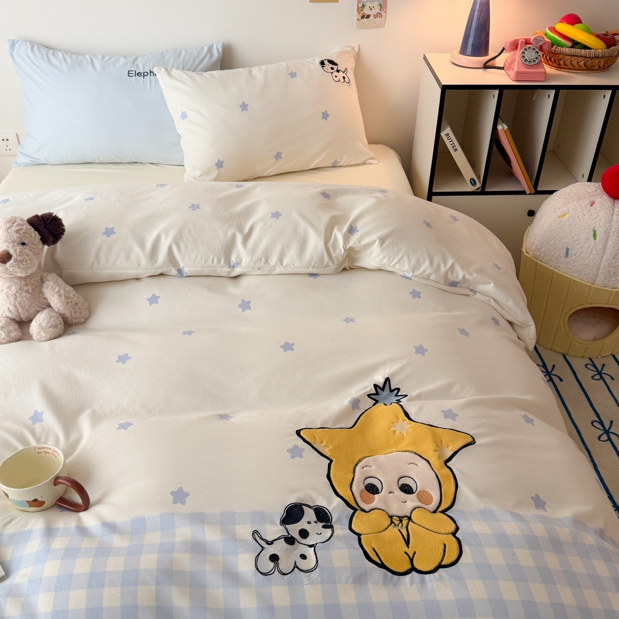 91家纺网 家纺一手货源 找家纺 吾欢心 2026春夏新款水洗棉床盖款四件套夏被四件套 星星宝贝