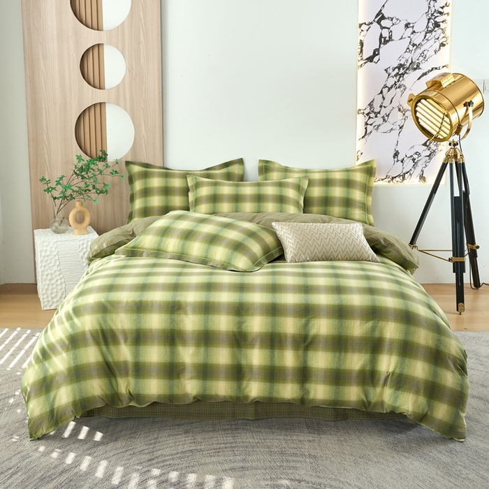 91家纺网 家纺一手货源 找家纺 三沁家居 2025新款格子色织全棉水洗棉四件套直播爆款量大价优 炫彩绿