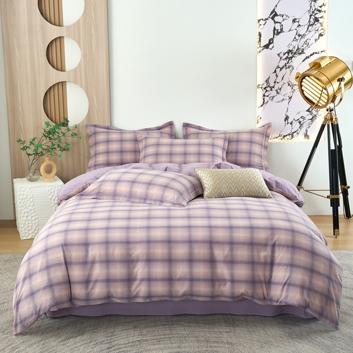 91家纺网 家纺一手货源 找家纺 三沁家居 2025新款格子色织全棉水洗棉四件套直播爆款量大价优 炫彩紫