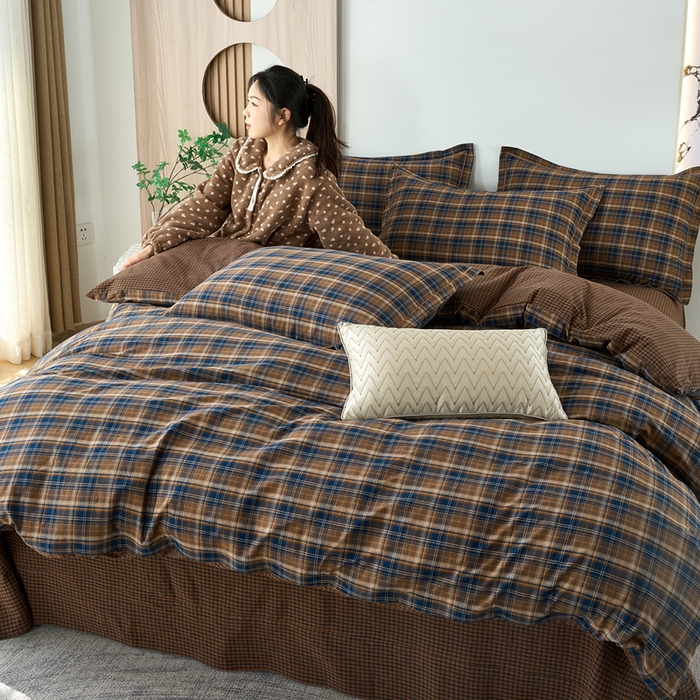 91家纺网 家纺一手货源 找家纺 三沁家居 2025新款格子色织全棉水洗棉四件套直播爆款量大价优 苏格兰咖