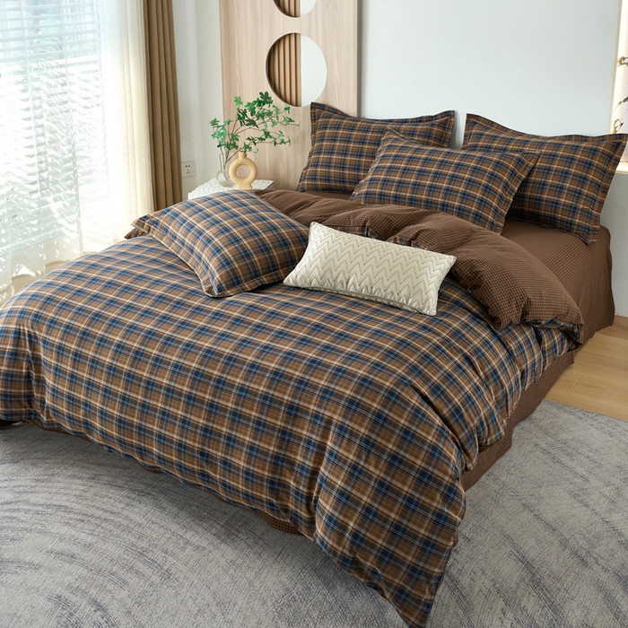 91家纺网 家纺一手货源 找家纺 三沁家居 2025新款格子色织全棉水洗棉四件套直播爆款量大价优 苏格兰咖