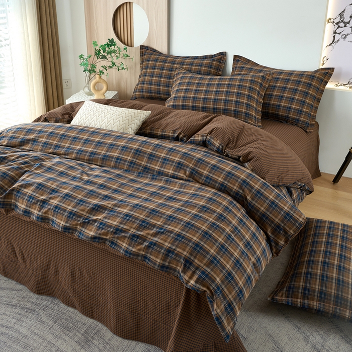 91家纺网 家纺一手货源 找家纺 三沁家居 2025新款格子色织全棉水洗棉四件套直播爆款量大价优 苏格兰咖