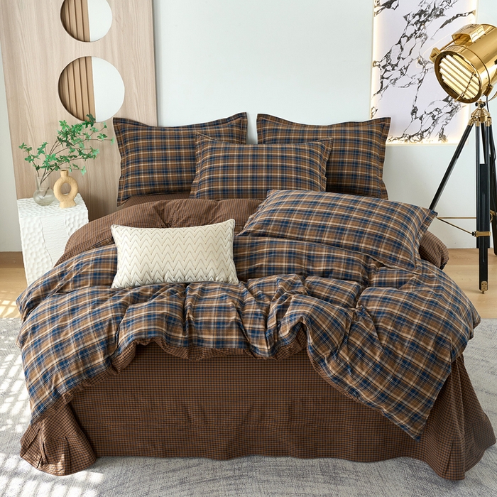 91家纺网 家纺一手货源 找家纺 三沁家居 2025新款格子色织全棉水洗棉四件套直播爆款量大价优 苏格兰咖