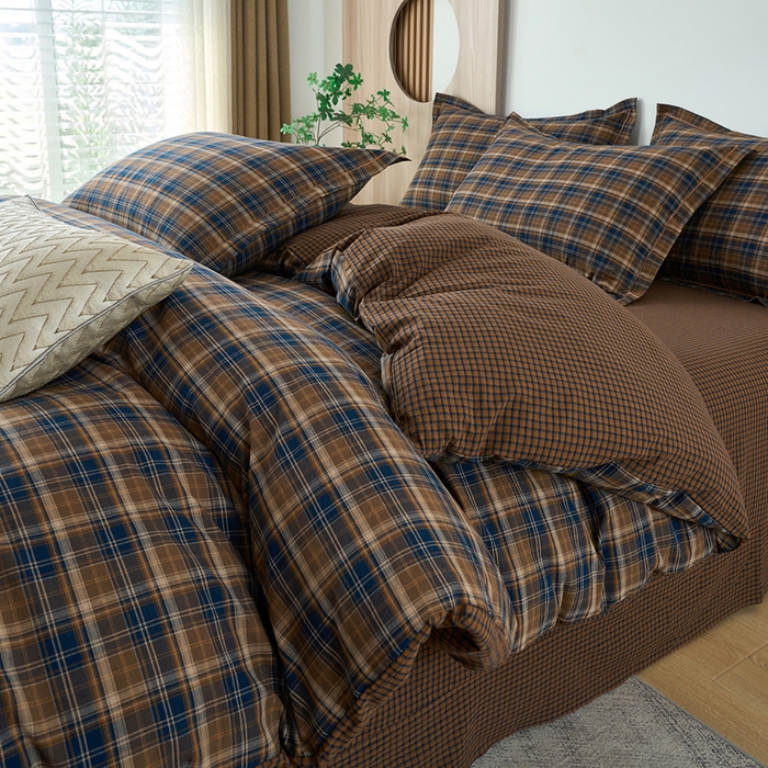 91家纺网 家纺一手货源 找家纺 三沁家居 2025新款格子色织全棉水洗棉四件套直播爆款量大价优 苏格兰咖