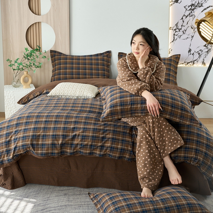 91家纺网 家纺一手货源 找家纺 三沁家居 2025新款格子色织全棉水洗棉四件套直播爆款量大价优 苏格兰咖