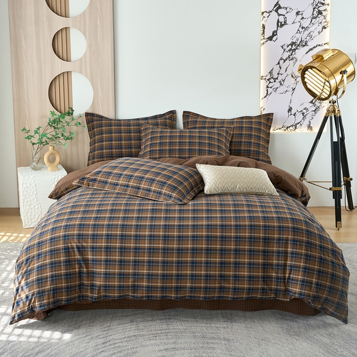 三沁家居 2025新款格子色织全棉水洗棉四件套直播爆款量大价优 苏格兰咖