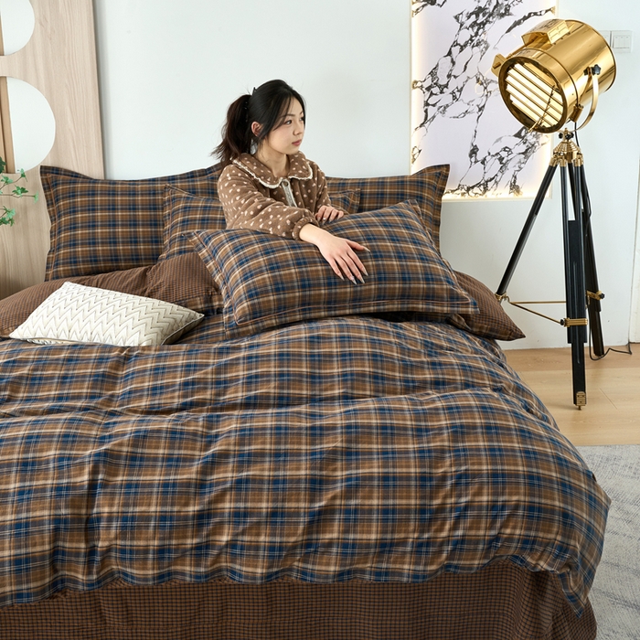 91家纺网 家纺一手货源 找家纺 三沁家居 2025新款格子色织全棉水洗棉四件套直播爆款量大价优 苏格兰咖