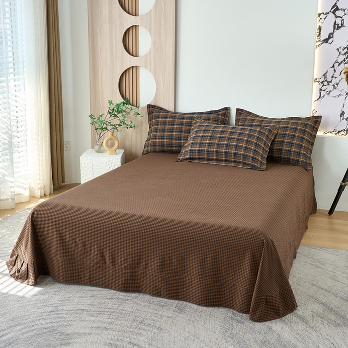 91家纺网 家纺一手货源 找家纺 三沁家居 2025新款格子色织全棉水洗棉四件套直播爆款量大价优 苏格兰咖