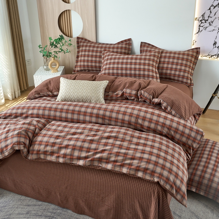 91家纺网 家纺一手货源 找家纺 三沁家居 2025新款格子色织全棉水洗棉四件套直播爆款量大价优 卡诺