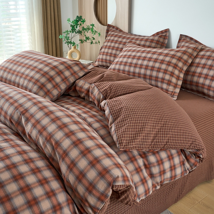 91家纺网 家纺一手货源 找家纺 三沁家居 2025新款格子色织全棉水洗棉四件套直播爆款量大价优 卡诺