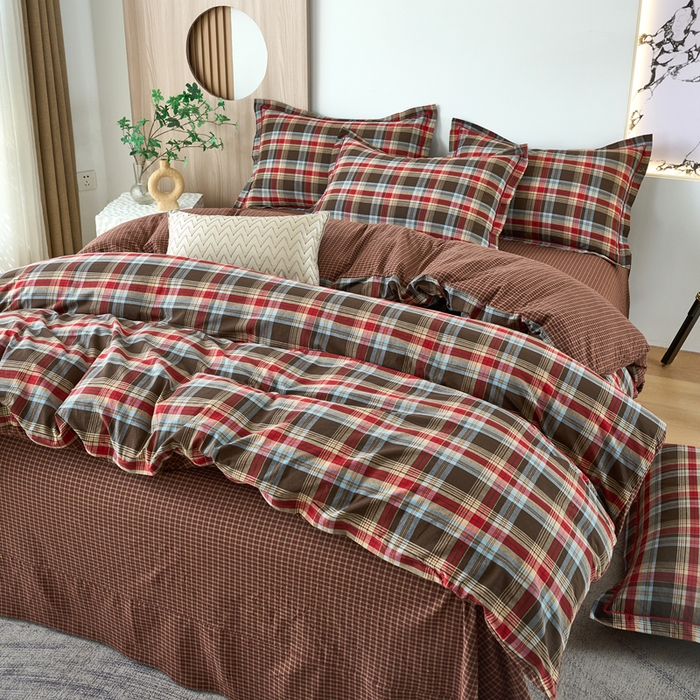 91家纺网 家纺一手货源 找家纺 三沁家居 2025新款格子色织全棉水洗棉四件套直播爆款量大价优 圣诞红