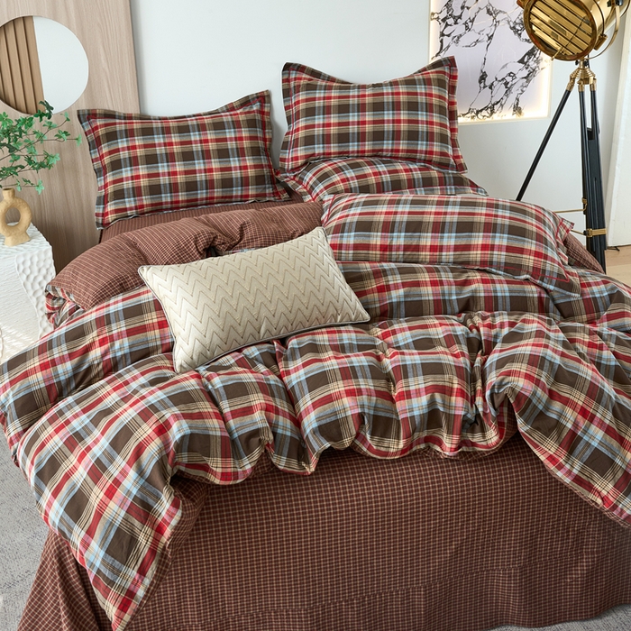 91家纺网 家纺一手货源 找家纺 三沁家居 2025新款格子色织全棉水洗棉四件套直播爆款量大价优 圣诞红