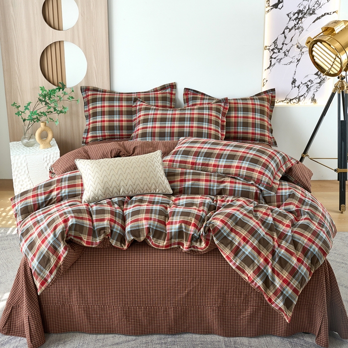 91家纺网 家纺一手货源 找家纺 三沁家居 2025新款格子色织全棉水洗棉四件套直播爆款量大价优 圣诞红