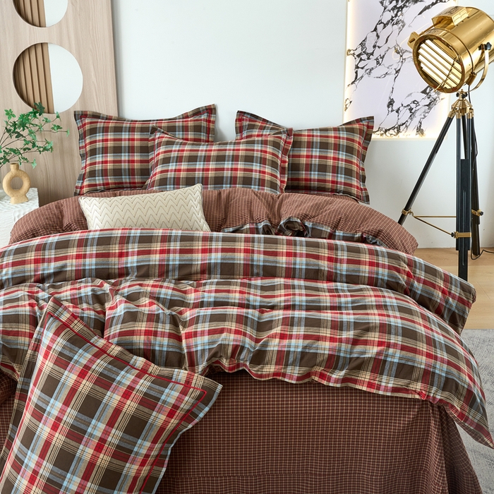 91家纺网 家纺一手货源 找家纺 三沁家居 2025新款格子色织全棉水洗棉四件套直播爆款量大价优 圣诞红