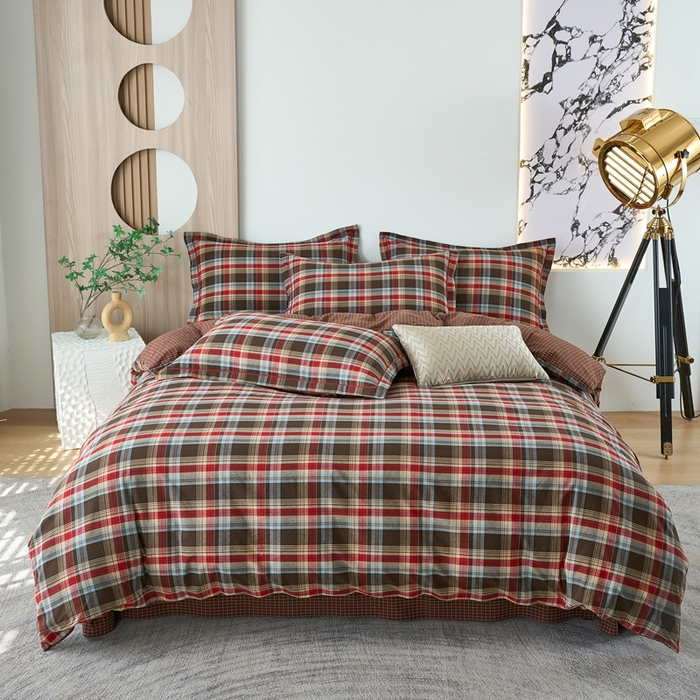 三沁家居 2025新款格子色织全棉水洗棉四件套直播爆款量大价优 圣诞红