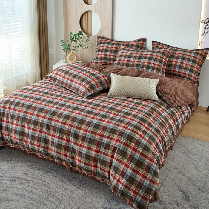 91家纺网 家纺一手货源 找家纺 三沁家居 2025新款格子色织全棉水洗棉四件套直播爆款量大价优 圣诞红