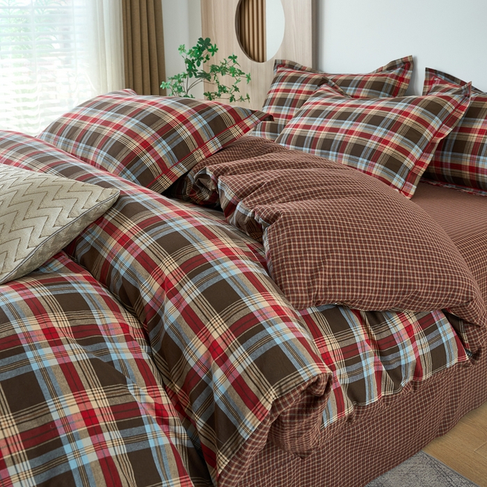 91家纺网 家纺一手货源 找家纺 三沁家居 2025新款格子色织全棉水洗棉四件套直播爆款量大价优 圣诞红