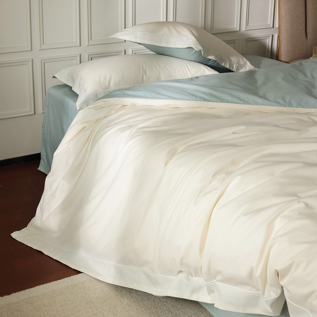 91家纺网 家纺一手货源 找家纺 万盛家纺 2025新款德芙绒牛奶绒法莱双拼四件套  藕灰-云水蓝