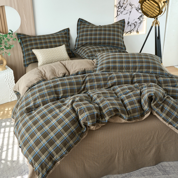 91家纺网 家纺一手货源 找家纺 三沁家居 2025新款格子色织全棉水洗棉四件套直播爆款量大价优 圣诞蓝