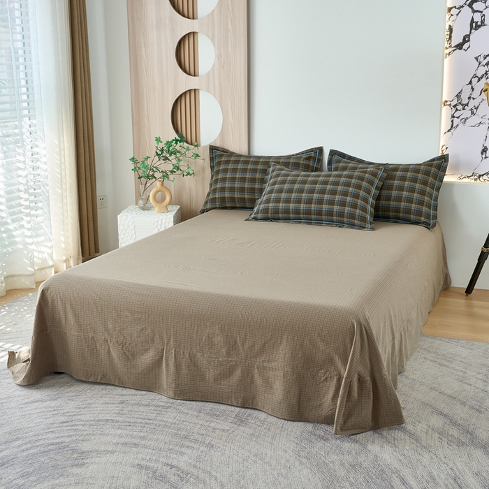 91家纺网 家纺一手货源 找家纺 三沁家居 2025新款格子色织全棉水洗棉四件套直播爆款量大价优 圣诞蓝