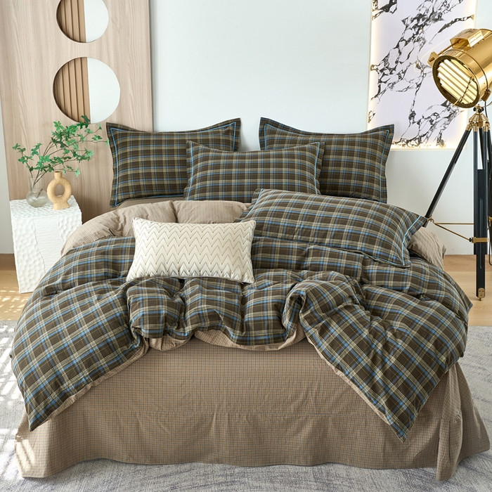 91家纺网 家纺一手货源 找家纺 三沁家居 2025新款格子色织全棉水洗棉四件套直播爆款量大价优 圣诞蓝