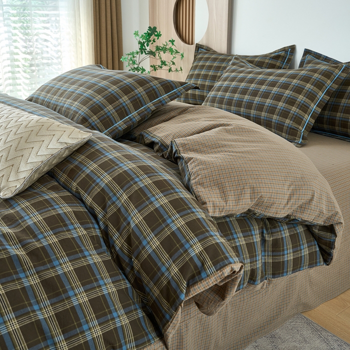 91家纺网 家纺一手货源 找家纺 三沁家居 2025新款格子色织全棉水洗棉四件套直播爆款量大价优 圣诞蓝