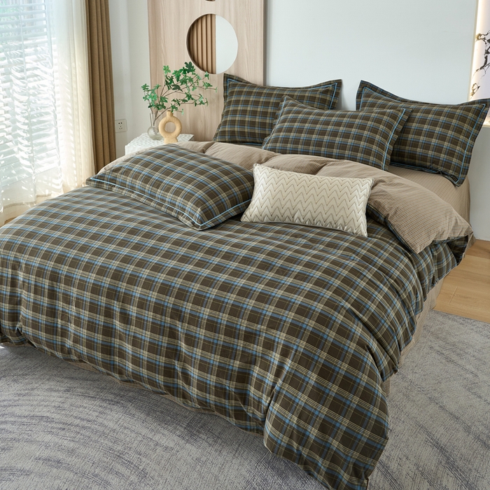 91家纺网 家纺一手货源 找家纺 三沁家居 2025新款格子色织全棉水洗棉四件套直播爆款量大价优 圣诞蓝