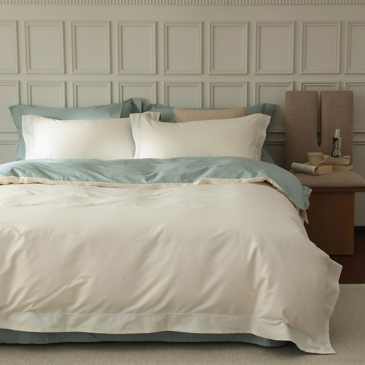 91家纺网 家纺一手货源 找家纺 万盛家纺 2026新款全棉宽边埋绳四件套（拍图一） 茶白-湖绿