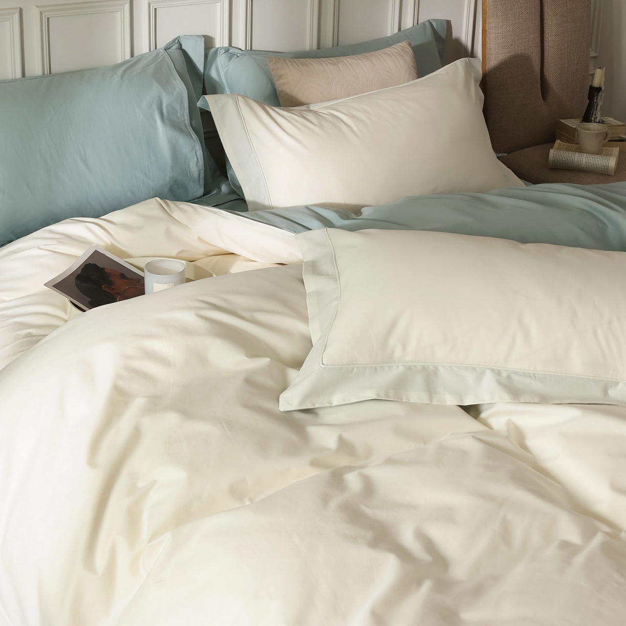 91家纺网 家纺一手货源 找家纺 万盛家纺 2026新款全棉宽边埋绳四件套（拍图一） 茶白-湖绿