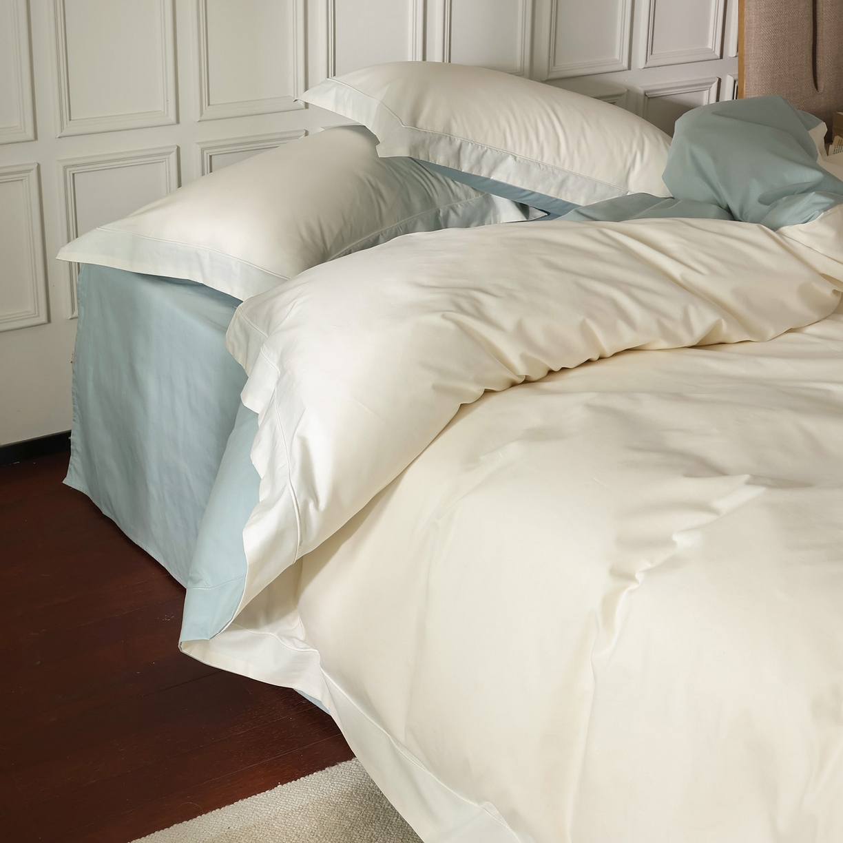 91家纺网 家纺一手货源 找家纺 万盛家纺 2026新款全棉宽边埋绳四件套（拍图一） 茶白-湖绿