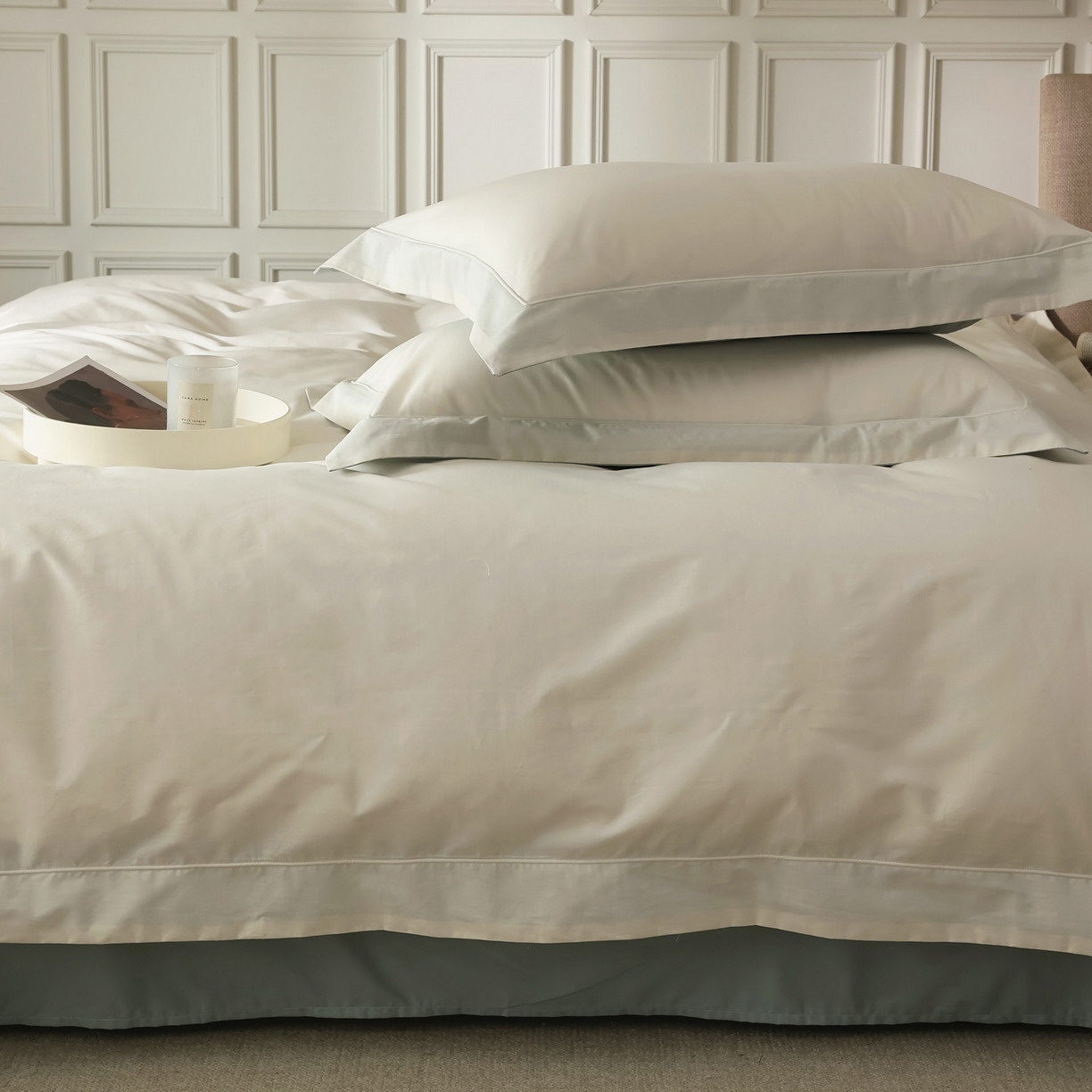 91家纺网 家纺一手货源 找家纺 万盛家纺 2026新款全棉宽边埋绳四件套（拍图一） 茶白-湖绿