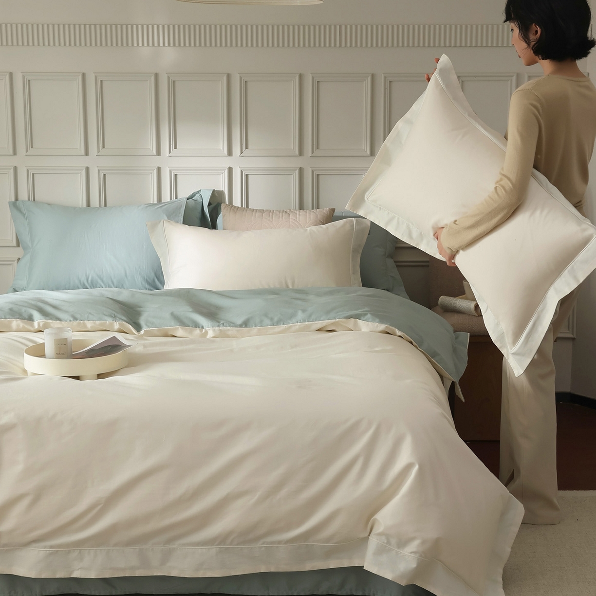 91家纺网 家纺一手货源 找家纺 万盛家纺 2026新款全棉宽边埋绳四件套（拍图一） 茶白-湖绿