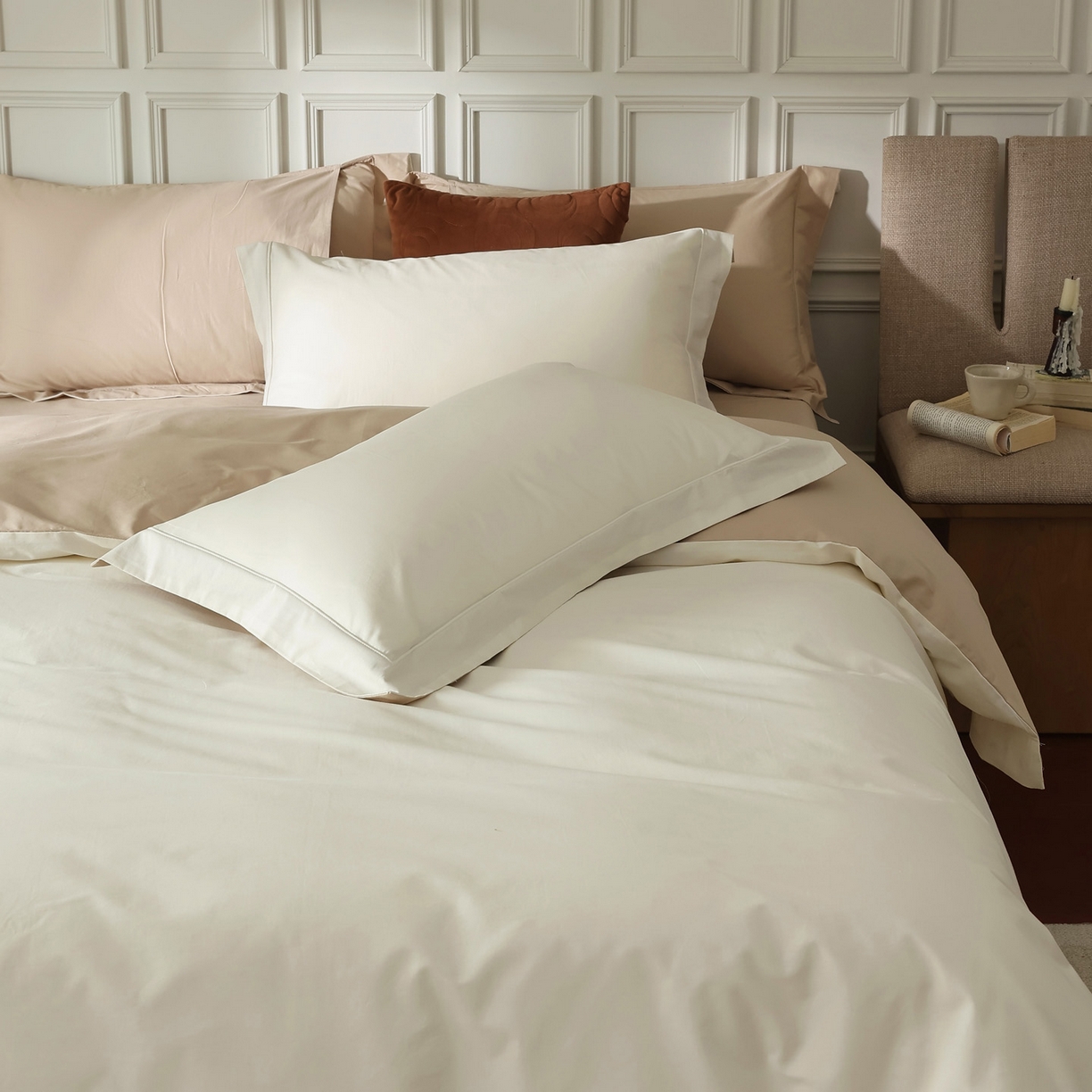 91家纺网 家纺一手货源 找家纺 万盛家纺 2026新款全棉宽边埋绳四件套（拍图一） 茶白-太妃咖