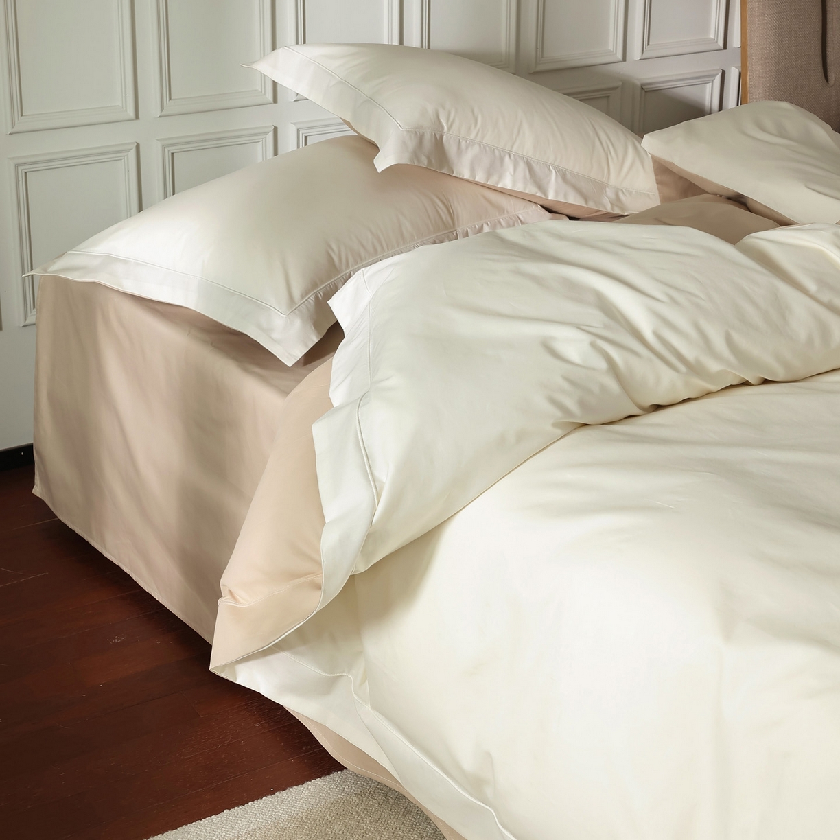 91家纺网 家纺一手货源 找家纺 万盛家纺 2026新款全棉宽边埋绳四件套（拍图一） 茶白-太妃咖