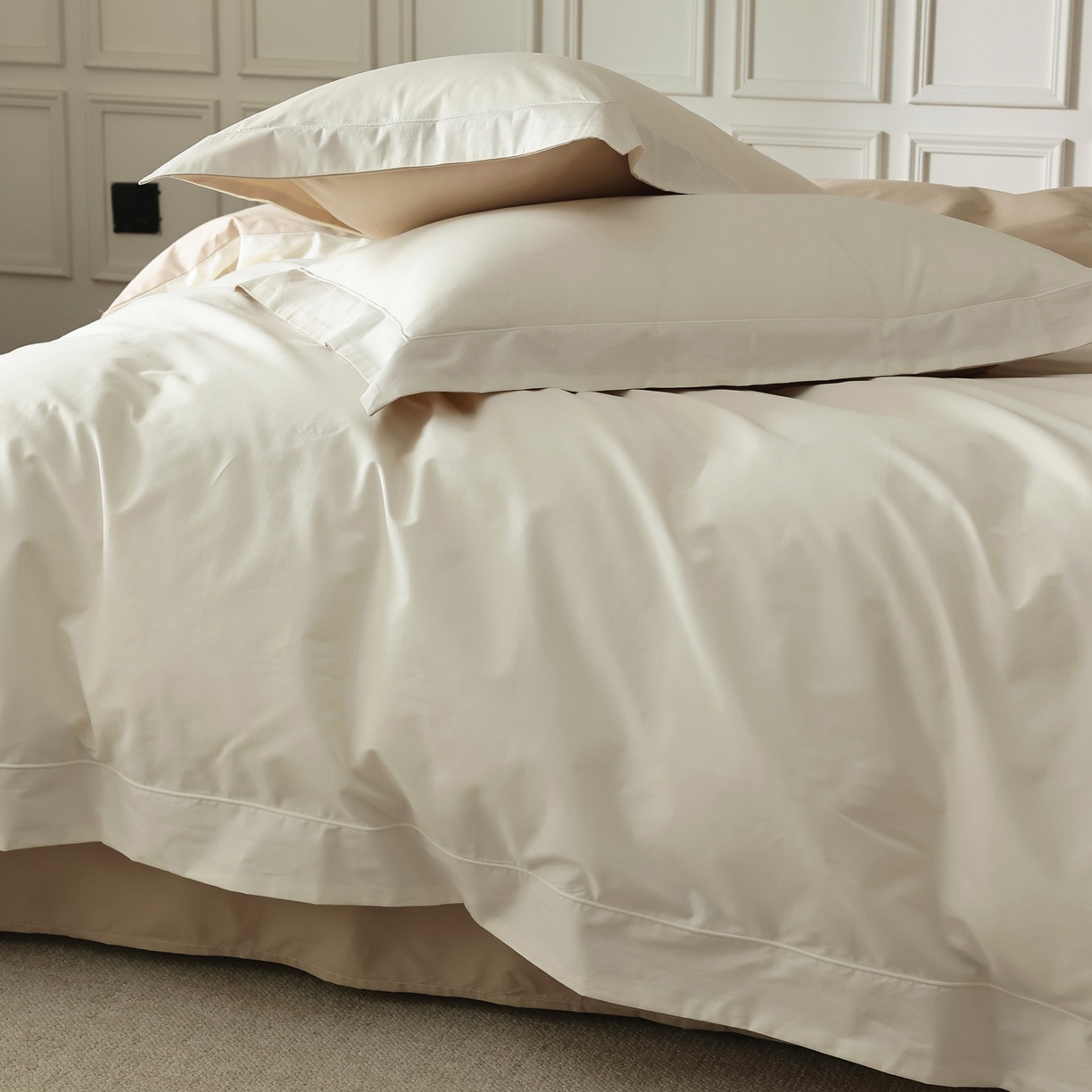 91家纺网 家纺一手货源 找家纺 万盛家纺 2026新款全棉宽边埋绳四件套（拍图一） 茶白-太妃咖