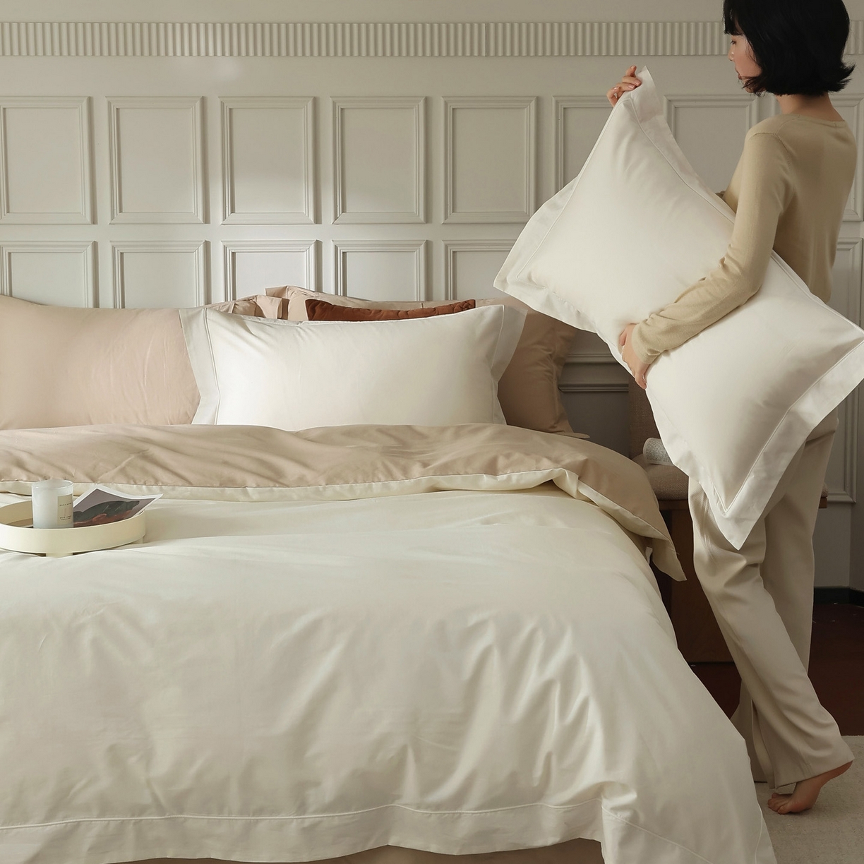91家纺网 家纺一手货源 找家纺 万盛家纺 2026新款全棉宽边埋绳四件套（拍图一） 茶白-太妃咖