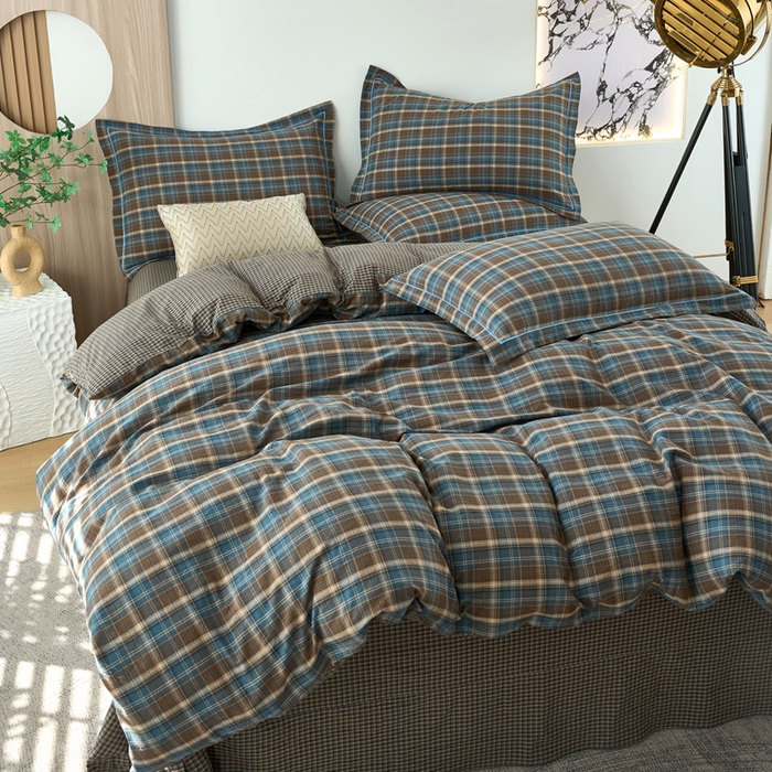 91家纺网 家纺一手货源 找家纺 三沁家居 2025新款格子色织全棉水洗棉四件套直播爆款量大价优 苏格兰蓝