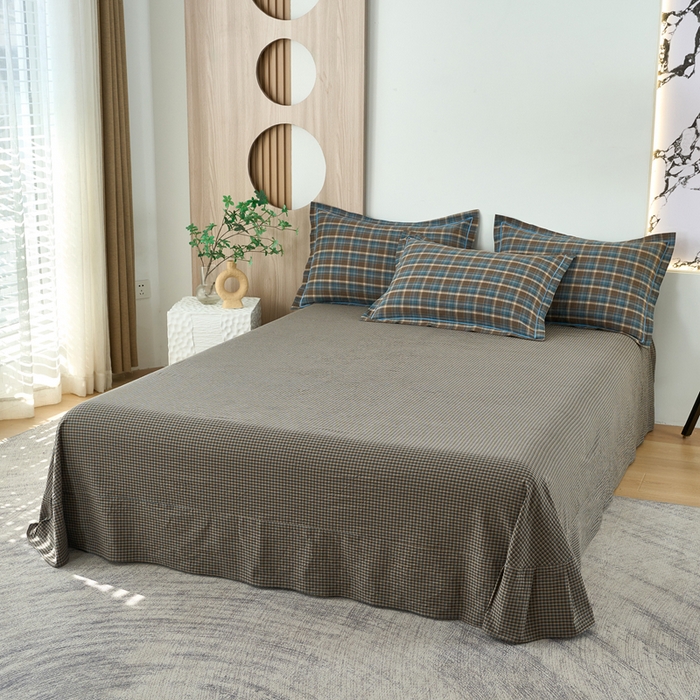 91家纺网 家纺一手货源 找家纺 三沁家居 2025新款格子色织全棉水洗棉四件套直播爆款量大价优 苏格兰蓝