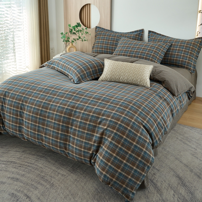 91家纺网 家纺一手货源 找家纺 三沁家居 2025新款格子色织全棉水洗棉四件套直播爆款量大价优 苏格兰蓝