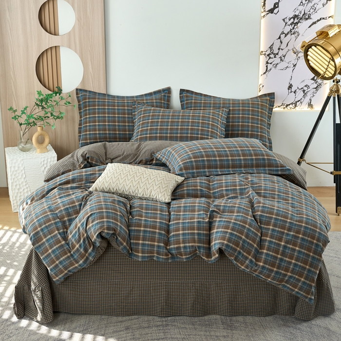 91家纺网 家纺一手货源 找家纺 三沁家居 2025新款格子色织全棉水洗棉四件套直播爆款量大价优 苏格兰蓝