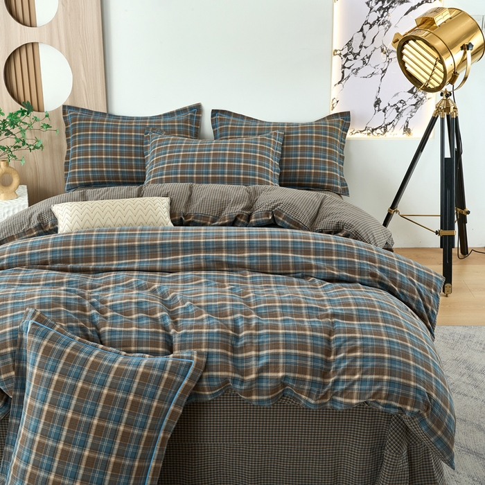 91家纺网 家纺一手货源 找家纺 三沁家居 2025新款格子色织全棉水洗棉四件套直播爆款量大价优 苏格兰蓝