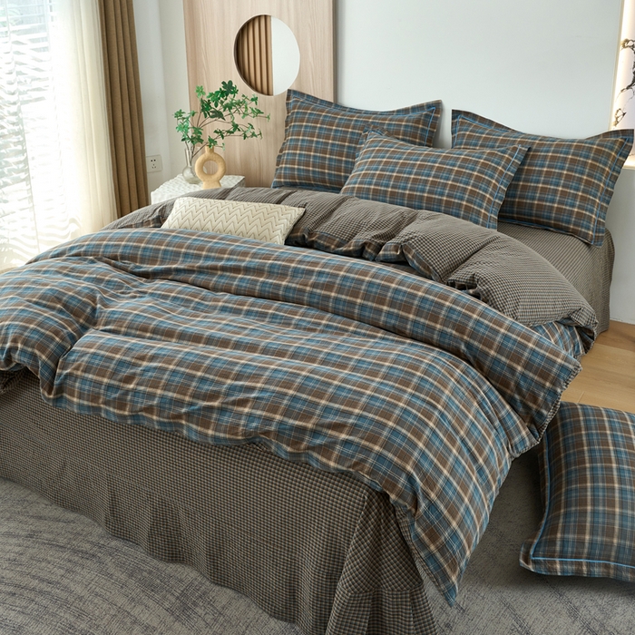 91家纺网 家纺一手货源 找家纺 三沁家居 2025新款格子色织全棉水洗棉四件套直播爆款量大价优 苏格兰蓝