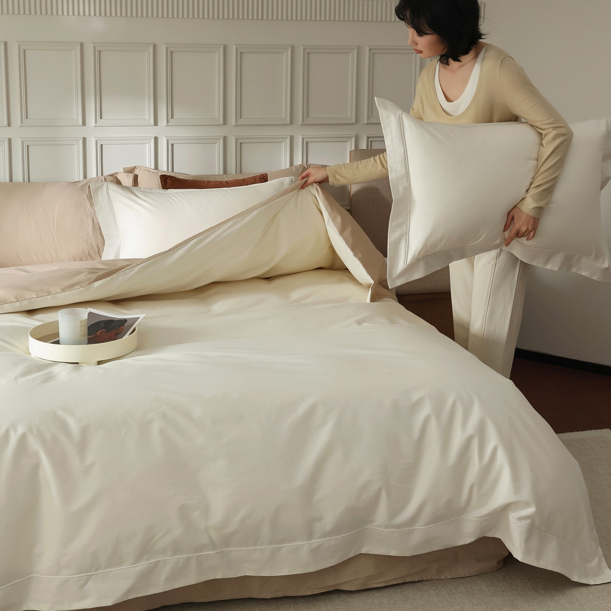 91家纺网 家纺一手货源 找家纺 万盛家纺 2026新款全棉宽边埋绳四件套（拍图一） 茶白-太妃咖